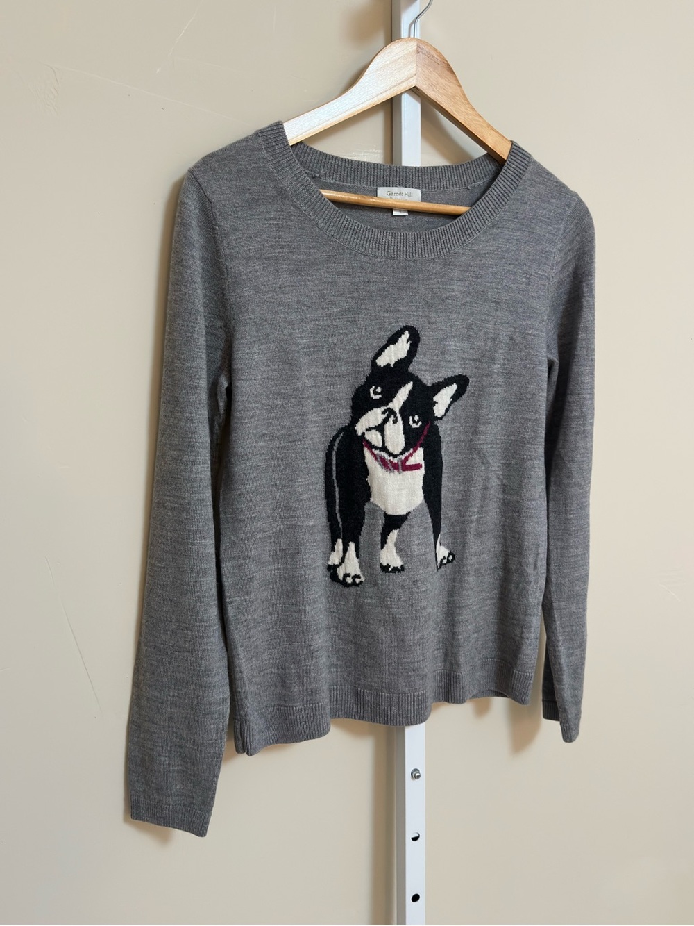Garnet Hill 100% Wool Boston Terrier Intarsia Sweater Women’s Small Gray